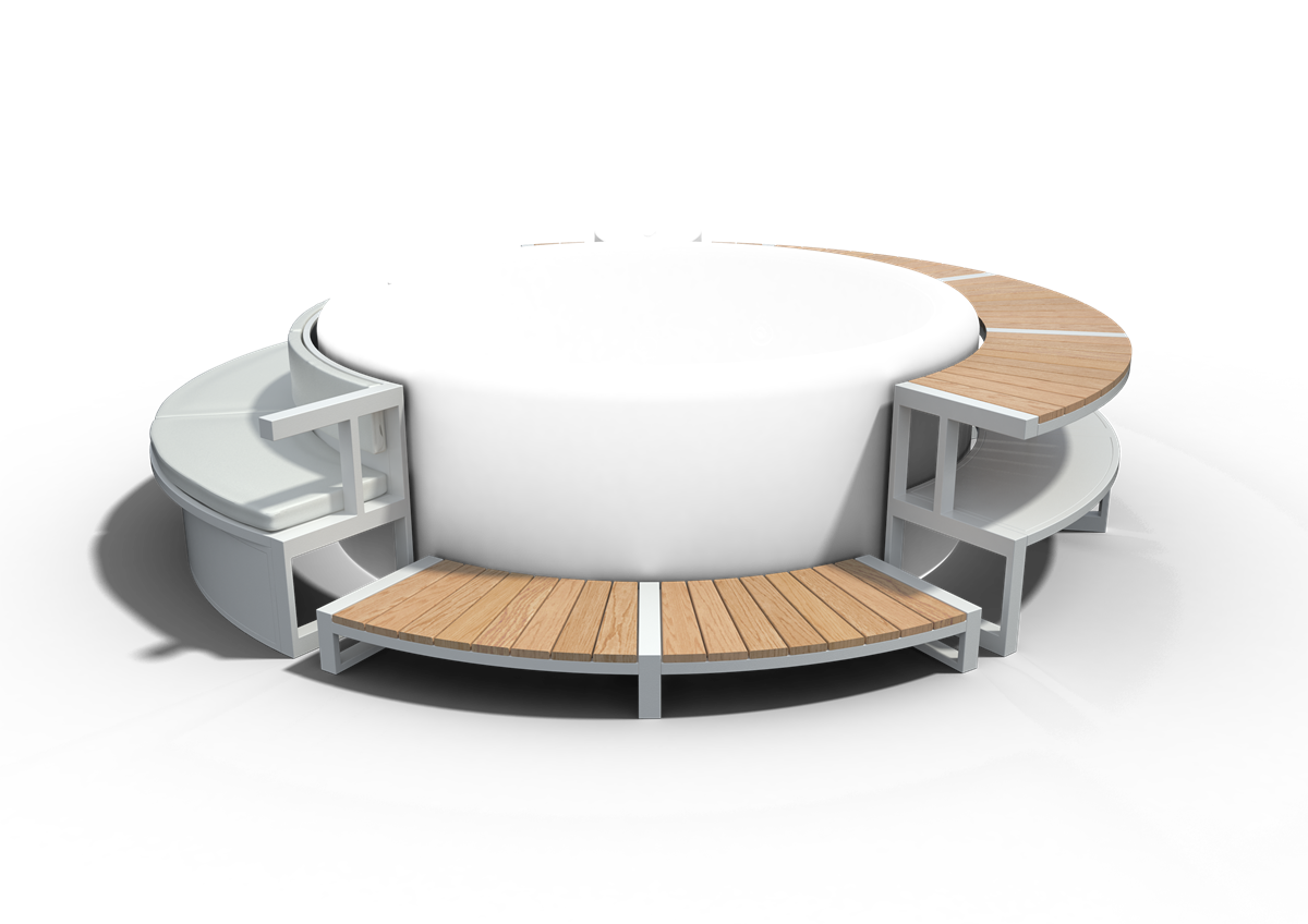 Bordo New Miami in alluminio e teak con un divano laterale, colore Bianco