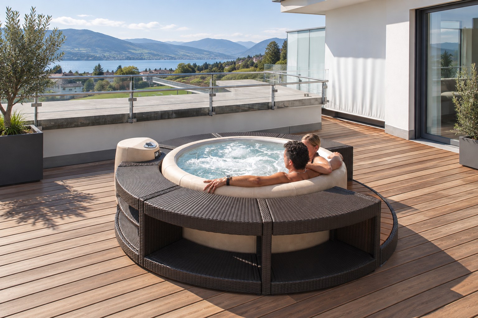 Coppia in una Softub® con bordo intrecciato su una terrazza soleggiata