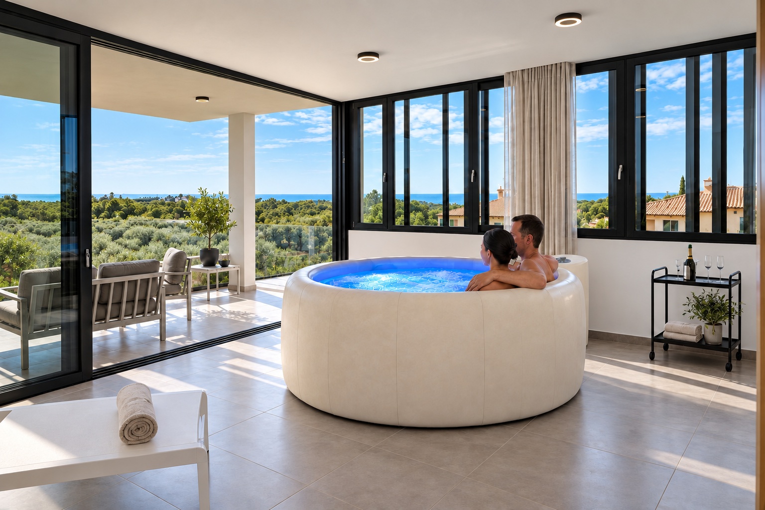 Coppia in una Softub® color crema in un ambiente wellness interno