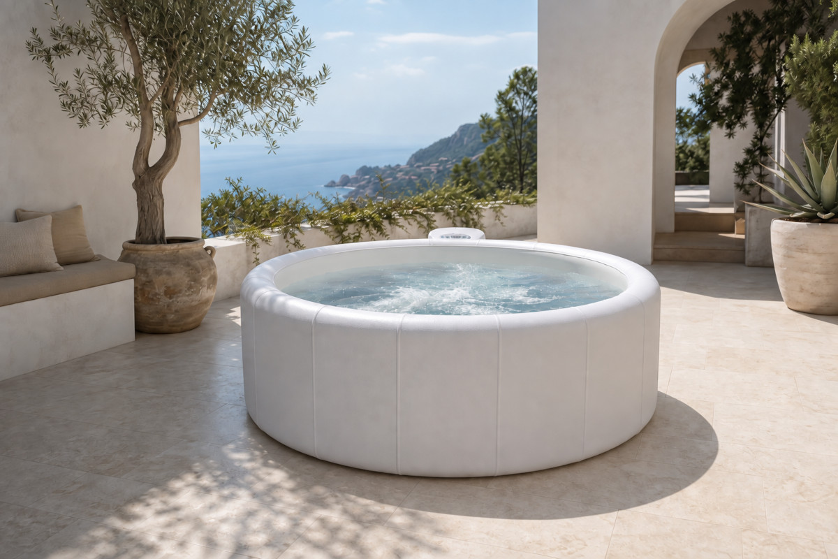 Softub® Legend bianca ambientata su un patio mediterraneo
