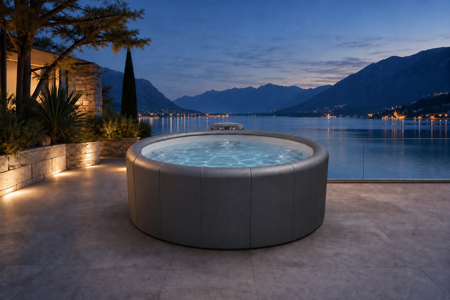 Softub® Poseidon X grafite ambientata su una terrazza sul lago
