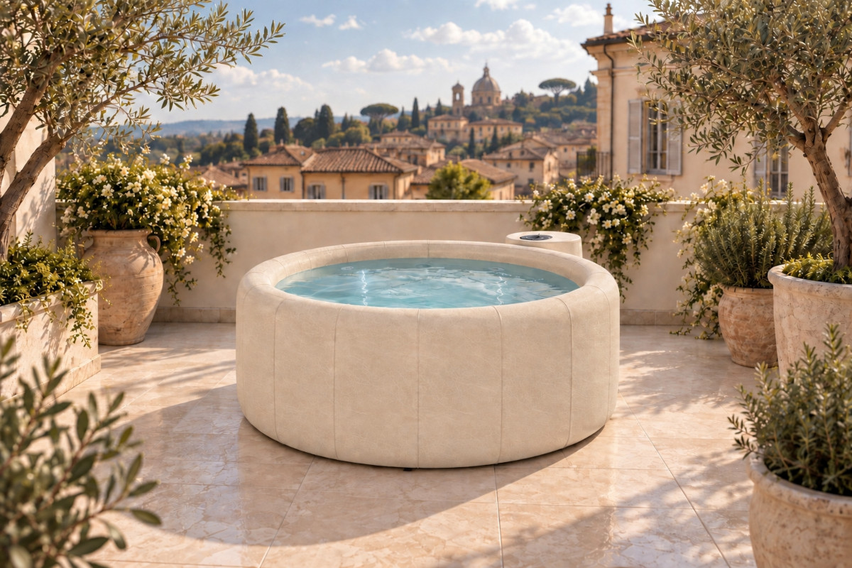 Softub® Sportster color mandorla ambientata su una terrazza italiana